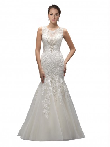 Ivoire Sirène Illusion Balayage train Tulle Dentelle Robes de mariée Prix Réduit