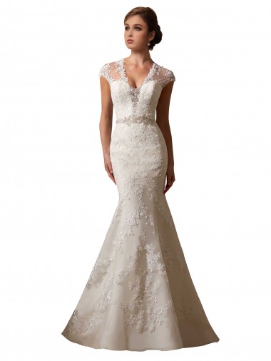 Ivoire Sirène Illusion Col V Tulle Dentelle Robes de mariée Prix Réduit