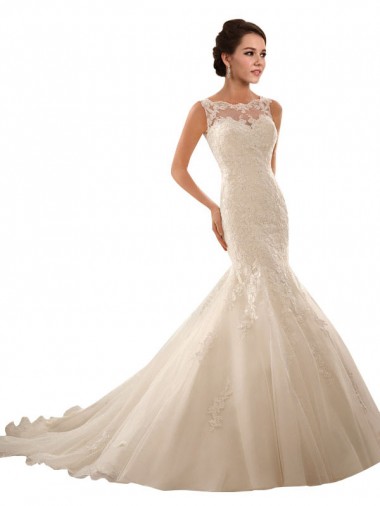 Ivoire Sirène Illusion Tulle Dentelle Robes de mariée Prix Réduit