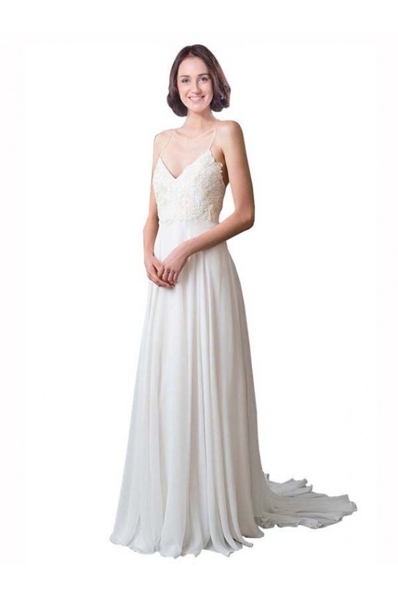Ivoire Trapèze Bretelles spaghetti Col V Mousseline Dentelle Plage Robes de mariée Prix Réduit