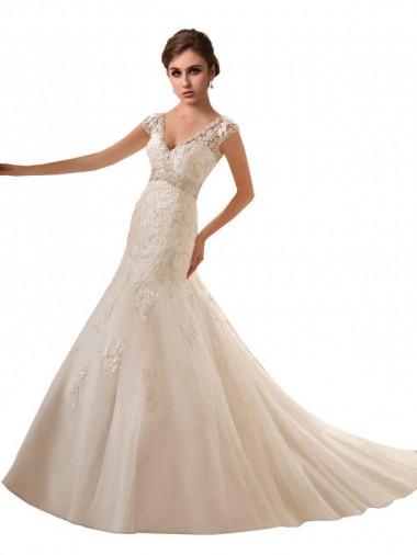 Ivoire Trapèze Col V Tulle Dentelle Robes de mariée Prix Réduit