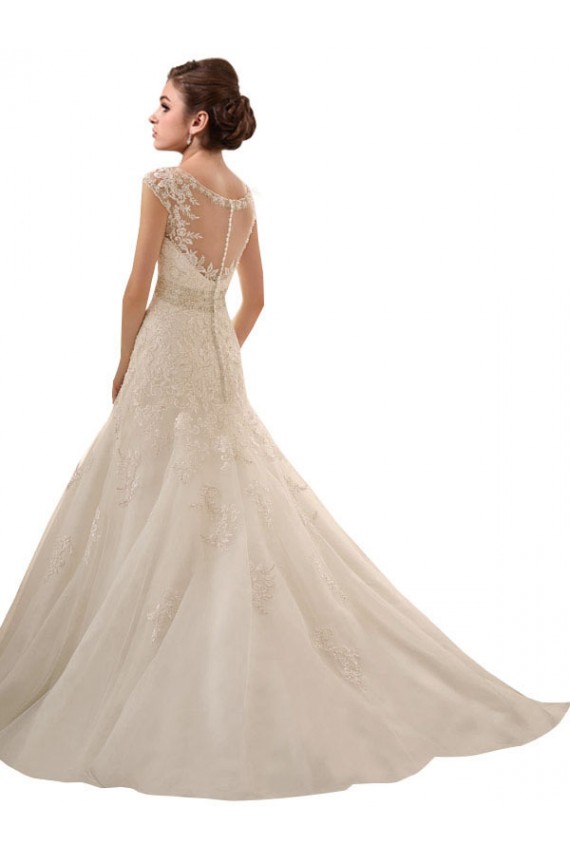 Ivoire Trapèze Col V Tulle Dentelle Robes de mariée Prix Réduit