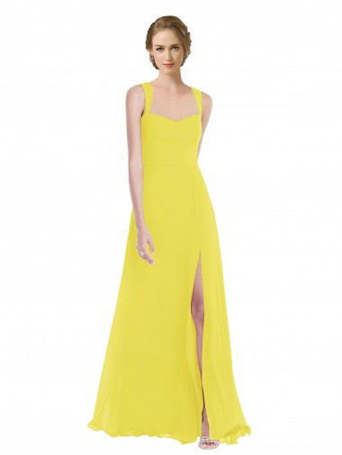 Jaune Trapèze Bretelles spaghetti Mousseline Longue Robes demoiselle d'honneur Prix Réduit