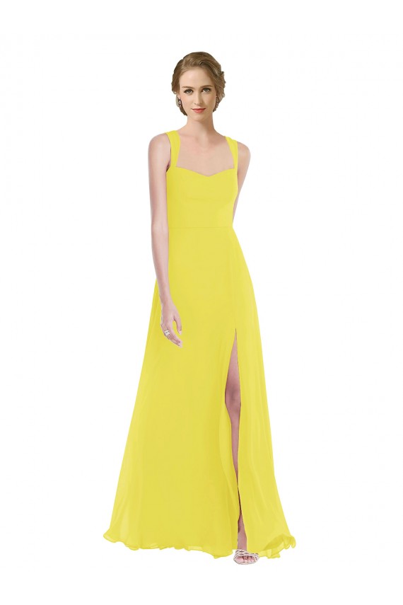 Jaune Trapèze Bretelles spaghetti Mousseline Longue Robes demoiselle d'honneur Prix Réduit