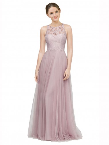 Light Lilac Trapèze Tulle Dentelle Longue Robes demoiselle d'honneur Prix Réduit