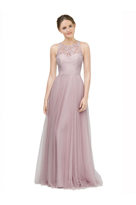 Light Lilac Trapèze Tulle Dentelle Longue Robes demoiselle d'honneur Prix Réduit
