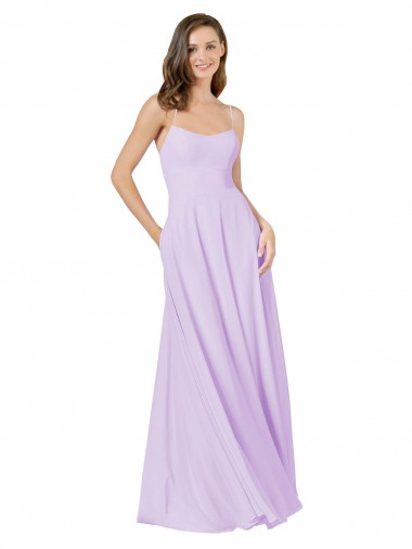 Lilas Trapèze Bretelles spaghetti Col Carré Mousseline Longue Robes demoiselle d'honneur Prix Réduit