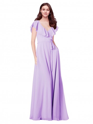 Lilas Trapèze Col V Mousseline Longue Robes demoiselle d'honneur Prix Réduit
