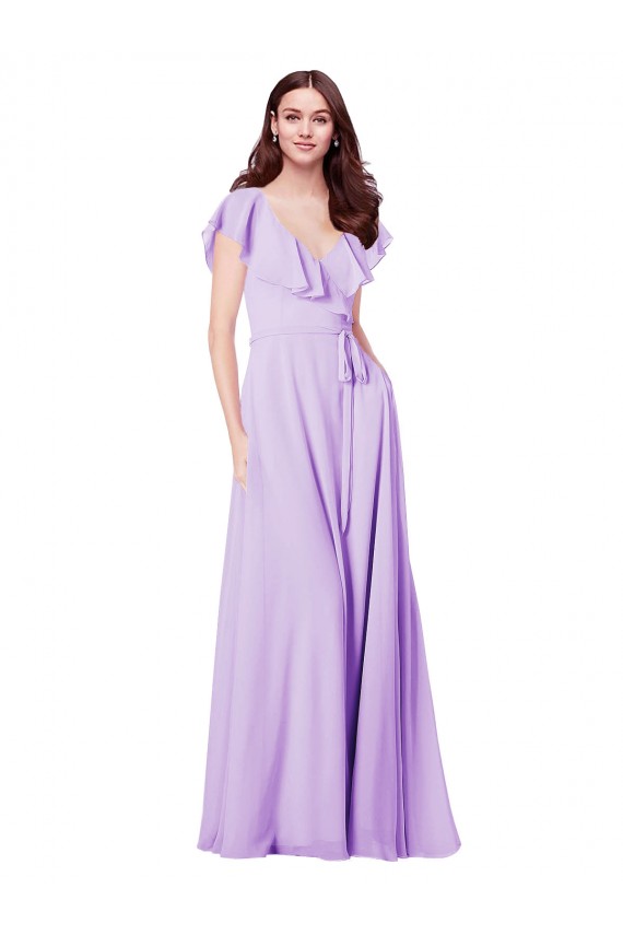 Lilas Trapèze Col V Mousseline Longue Robes demoiselle d'honneur Prix Réduit
