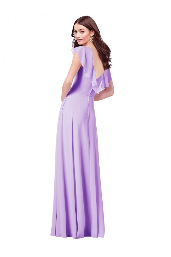 Lilas Trapèze Col V Mousseline Longue Robes demoiselle d'honneur Prix Réduit