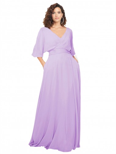 Lilas Trapèze Col V Mousseline Longue Robes demoiselle d'honneur Prix Réduit