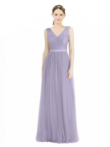 Lilas Trapèze Col V Tulle Longue Robes demoiselle d'honneur Prix Réduit