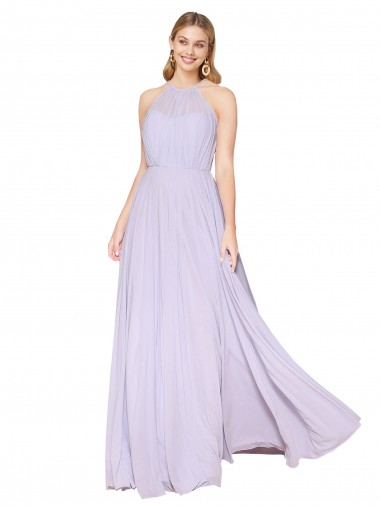 Lilas Trapèze Licou Col Haut Mousseline Longue Formelles Robes demoiselle d'honneur / Robes de soirée / Robes de bal Prix Réduit