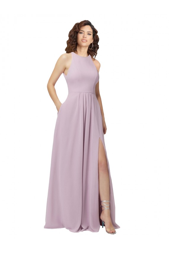 Lueur rose Trapèze Licou Col Haut Mousseline Longue Robes demoiselle d'honneur Prix Réduit