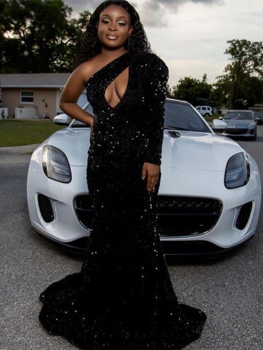 Noir Fourreau Balayage train Paillettes Velours Longue Robes de bal Prix Réduit