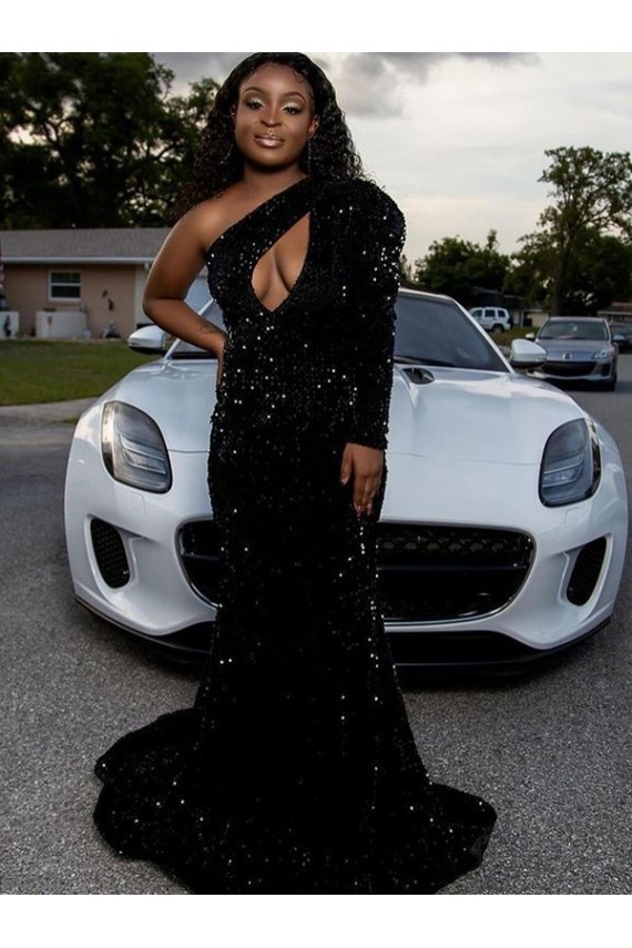 Noir Fourreau Balayage train Paillettes Velours Longue Robes de bal Prix Réduit