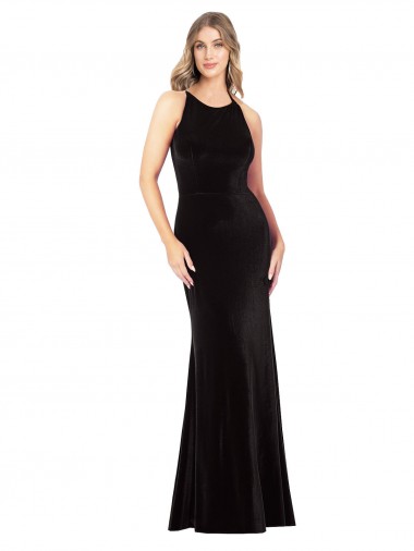 Noir Fourreau Bretelles spaghetti Col bijou Velours Stretch Longue Formelles Robes demoiselle d'honneur / Robes de soirée / Robes de bal Prix Réduit