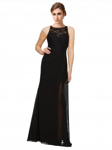 Noir Fourreau Col Haut Mousseline Dentelle Longue Robes demoiselle d'honneur Prix Réduit