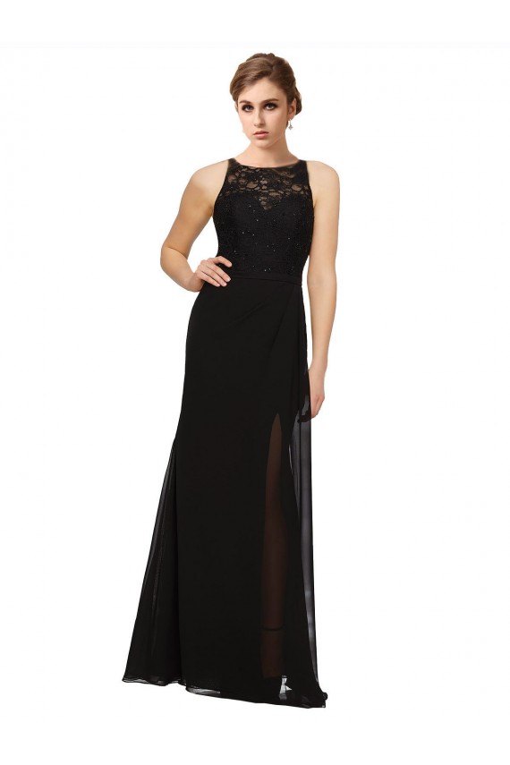 Noir Fourreau Col Haut Mousseline Dentelle Longue Robes demoiselle d'honneur Prix Réduit