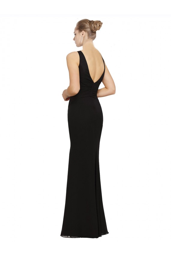 Noir Fourreau Col V Mousseline Longue Robes demoiselle d'honneur Prix Réduit