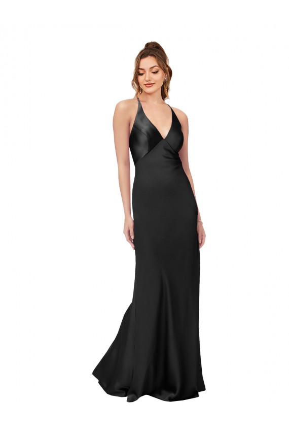 Noir Fourreau Col V Satiné Soyeux Longue Formelles Robes demoiselle d'honneur / Robes de soirée / Robes de bal Prix Réduit