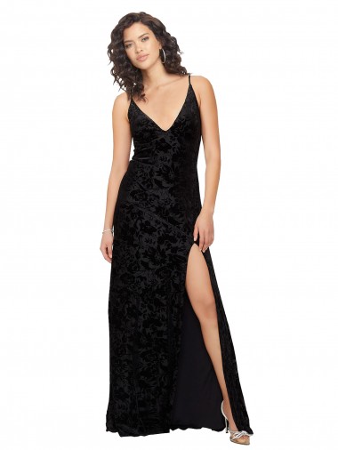 Noir Fourreau Col V Velours Floral Velours Stretch Longue Robes demoiselle d'honneur Prix Réduit