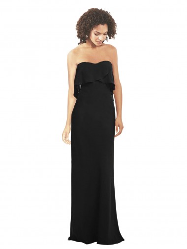 Noir Fourreau Sans bretelle Mousseline Longue Robes demoiselle d'honneur Prix Réduit