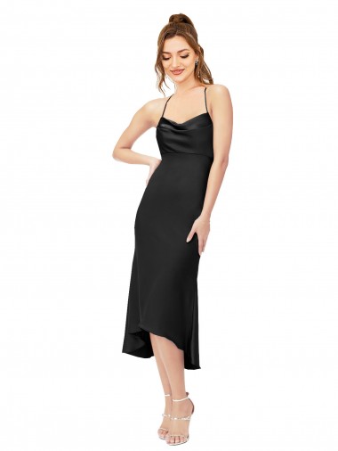 Noir Fourreau midi Satiné Soyeux Courte Asymétrique Robes demoiselle d'honneur / Robes de soirée / Robes de cocktail Prix Réduit