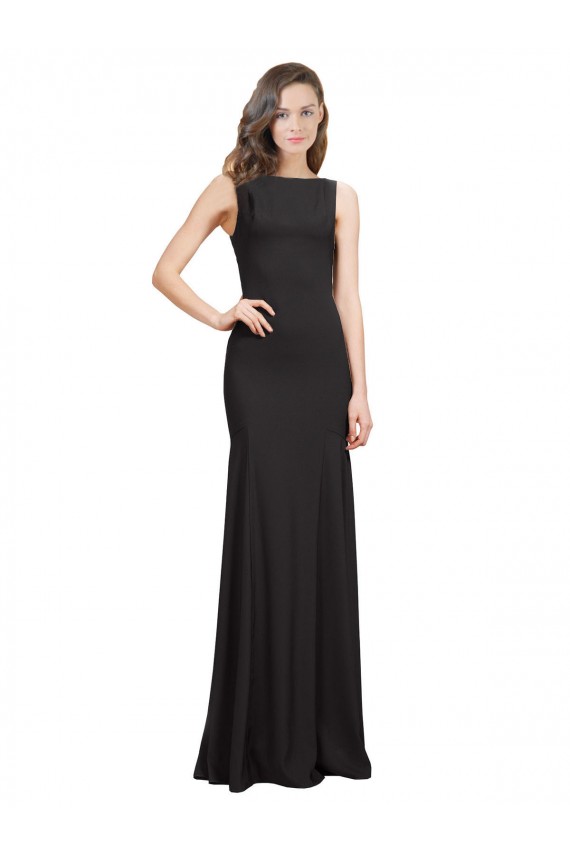 Noir Sirène Bateau Crêpe Stretch Longue Robes demoiselle d'honneur / Robes de bal Prix Réduit
