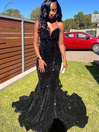 Noir Sirène Paillettes Velours Longue Robes de bal Prix Réduit