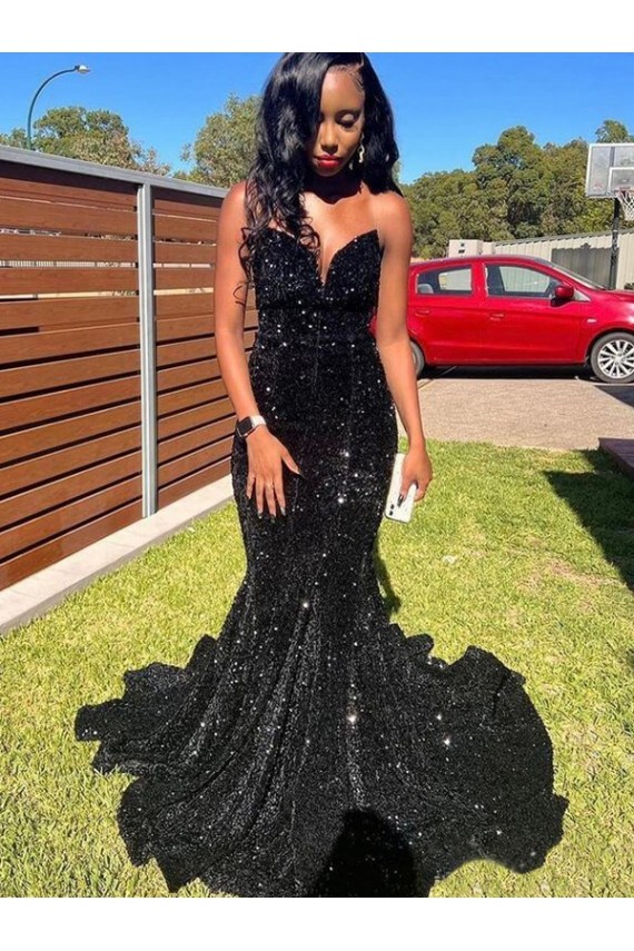 Noir Sirène Paillettes Velours Longue Robes de bal Prix Réduit