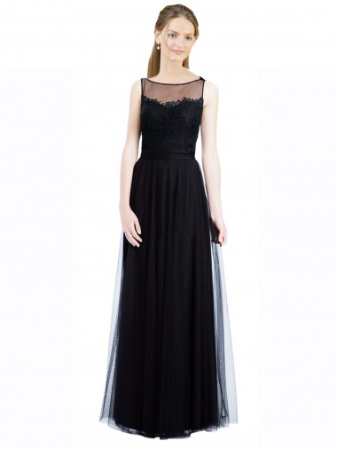 Noir Trapèze Bateau Illusion Tulle Dentelle Longue Robes demoiselle d'honneur Prix Réduit