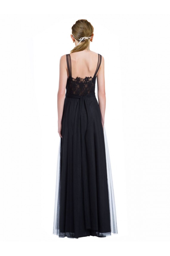 Noir Trapèze Bateau Illusion Tulle Dentelle Longue Robes demoiselle d'honneur Prix Réduit