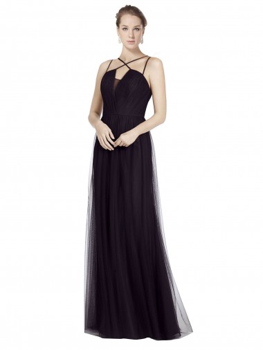 Noir Trapèze Bretelles spaghetti Col Haut Tulle Longue Robes demoiselle d'honneur Prix Réduit