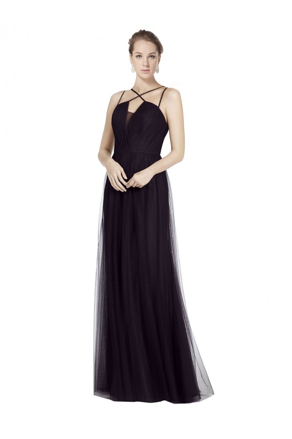 Noir Trapèze Bretelles spaghetti Col Haut Tulle Longue Robes demoiselle d'honneur Prix Réduit