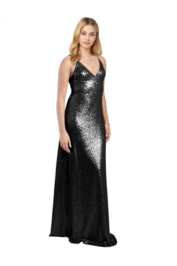 Noir Trapèze Bretelles spaghetti Col V Paillette Longue Formelles Robes demoiselle d'honneur / Robes de soirée / Robes de bal Prix Réduit