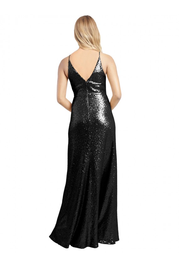 Noir Trapèze Bretelles spaghetti Col V Paillette Longue Formelles Robes demoiselle d'honneur / Robes de soirée / Robes de bal Prix Réduit