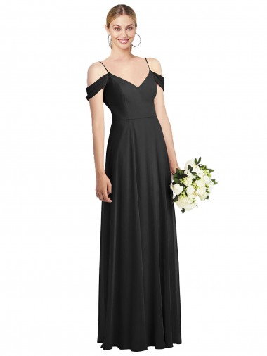 Noir Trapèze Bretelles spaghetti Mousseline Longue Robes demoiselle d'honneur Prix Réduit