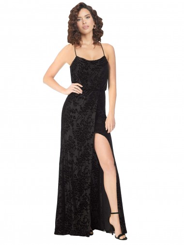 Noir Trapèze Bretelles spaghetti Velours Floral Velours Stretch Longue Robes demoiselle d'honneur Prix Réduit