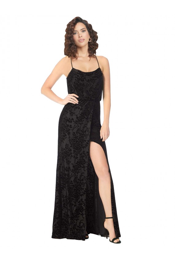 Noir Trapèze Bretelles spaghetti Velours Floral Velours Stretch Longue Robes demoiselle d'honneur Prix Réduit