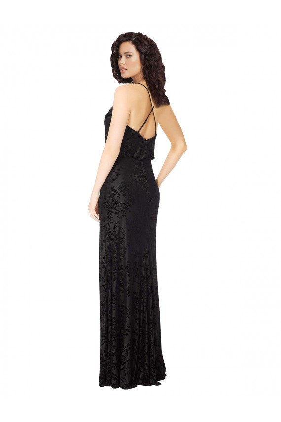 Noir Trapèze Bretelles spaghetti Velours Floral Velours Stretch Longue Robes demoiselle d'honneur Prix Réduit