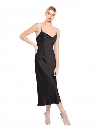 Noir Trapèze Bretelles spaghetti midi Satiné Stretch Courte Robes demoiselle d'honneur / Robes de soirée / Robes de cocktail Prix Réduit