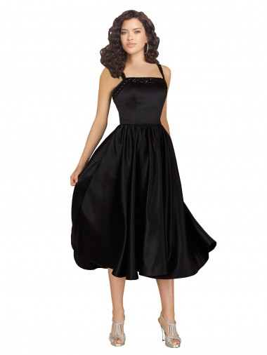 Noir Trapèze Col Carré Satiné Courte Robes demoiselle d'honneur / Robes de bal / Robes de cocktail Prix Réduit