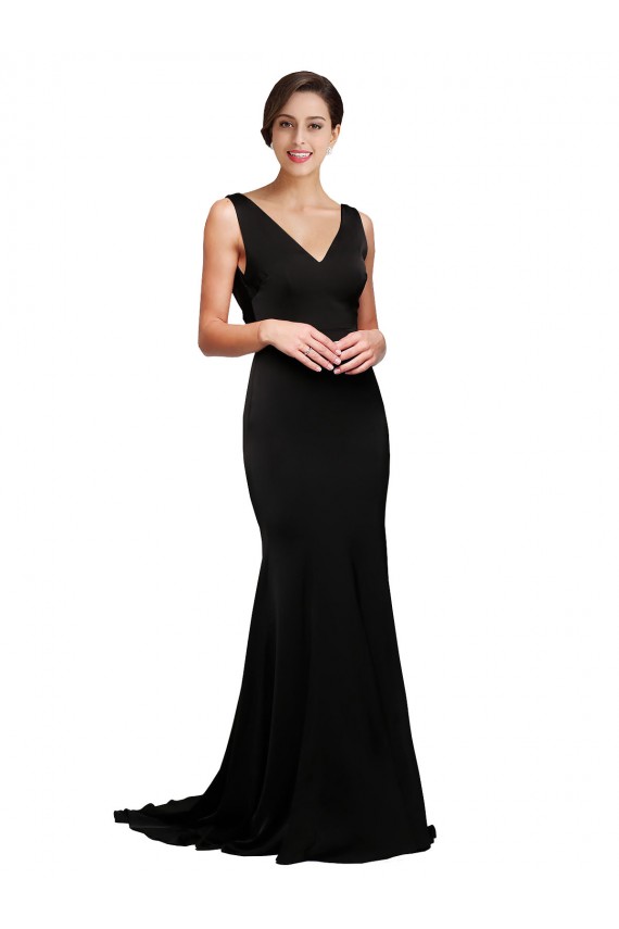 Noir Trapèze Col V Balayage train Satiné Soyeux Longue Formelles Robes demoiselle d'honneur / Robes de soirée / Robes de bal Prix Réduit