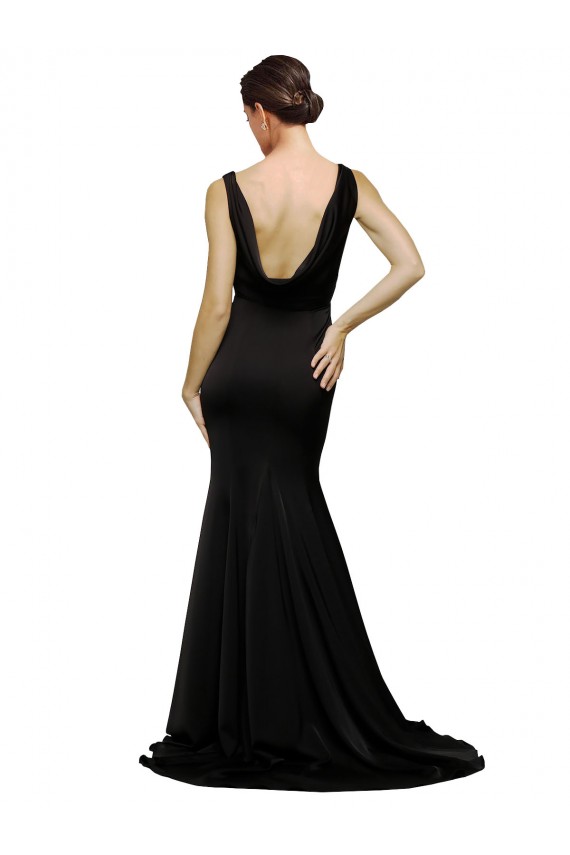 Noir Trapèze Col V Balayage train Satiné Soyeux Longue Formelles Robes demoiselle d'honneur / Robes de soirée / Robes de bal Prix Réduit