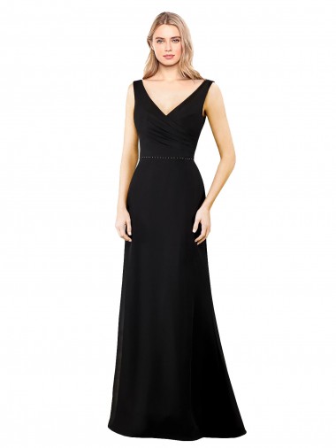 Noir Trapèze Col V Mousseline Longue Robes demoiselle d'honneur / Robes de bal Prix Réduit