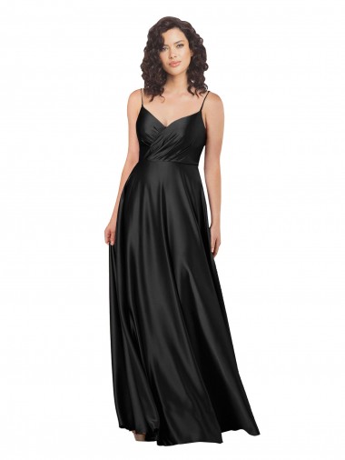Noir Trapèze Col V Satiné Soyeux Longue Formelles Robes demoiselle d'honneur / Robes de soirée / Robes de bal Prix Réduit