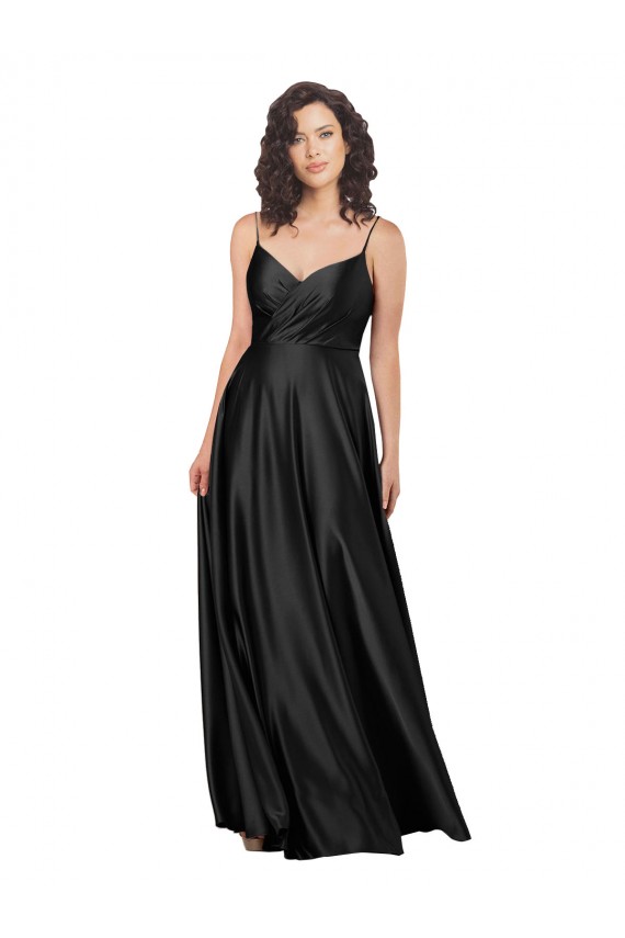 Noir Trapèze Col V Satiné Soyeux Longue Formelles Robes demoiselle d'honneur / Robes de soirée / Robes de bal Prix Réduit