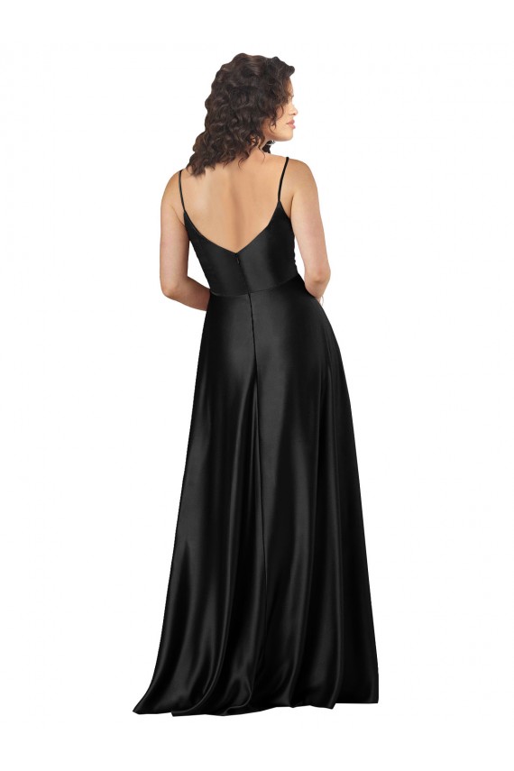 Noir Trapèze Col V Satiné Soyeux Longue Formelles Robes demoiselle d'honneur / Robes de soirée / Robes de bal Prix Réduit