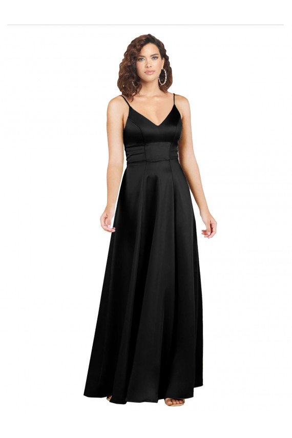 Noir Trapèze Col V Satiné Soyeux Longue Formelles Robes demoiselle d'honneur / Robes de soirée / Robes de bal Prix Réduit